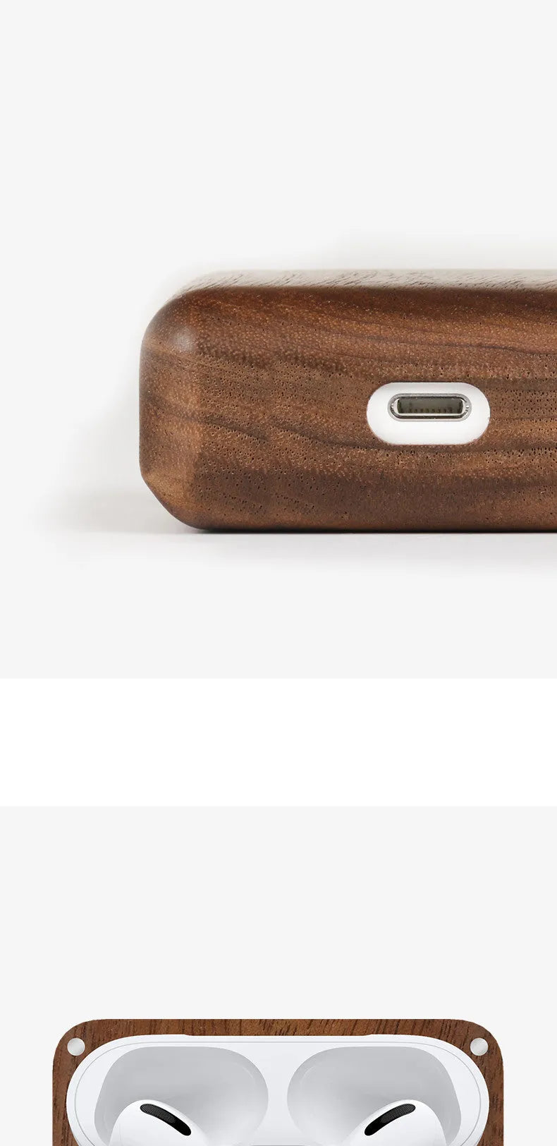 LZL W1-1 Bluetooth wireless earphones with a log-shaped solid wood hard shell protective case, compatible with Apple iPhone.