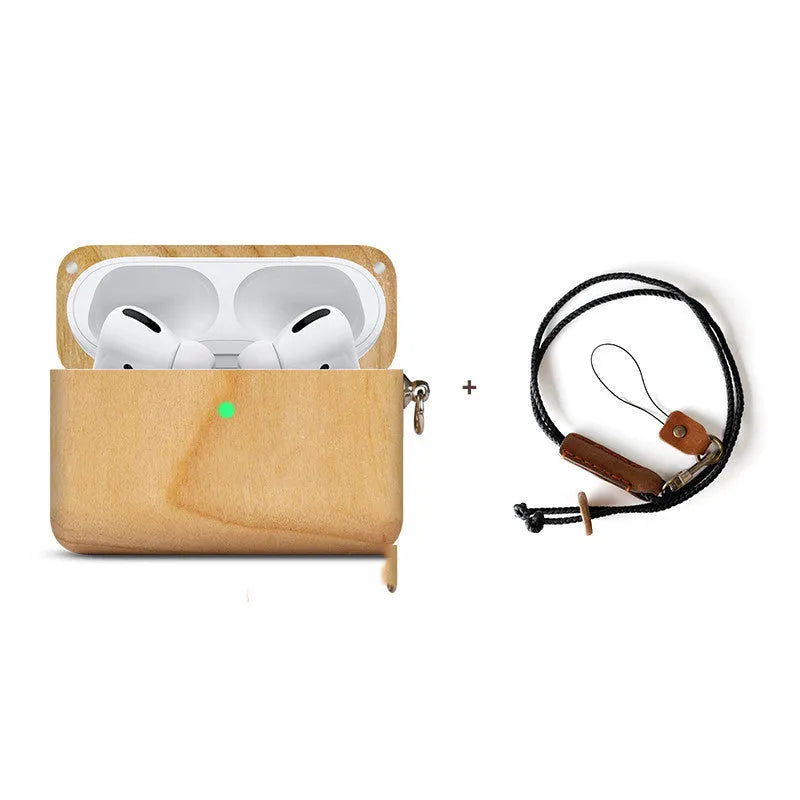 LZL W1-1 Bluetooth wireless earphones with a log-shaped solid wood hard shell protective case, compatible with Apple iPhone.
