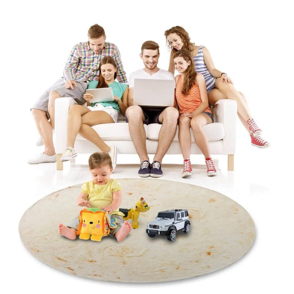 Round burrito blanket with coral fleece texture and food-themed print