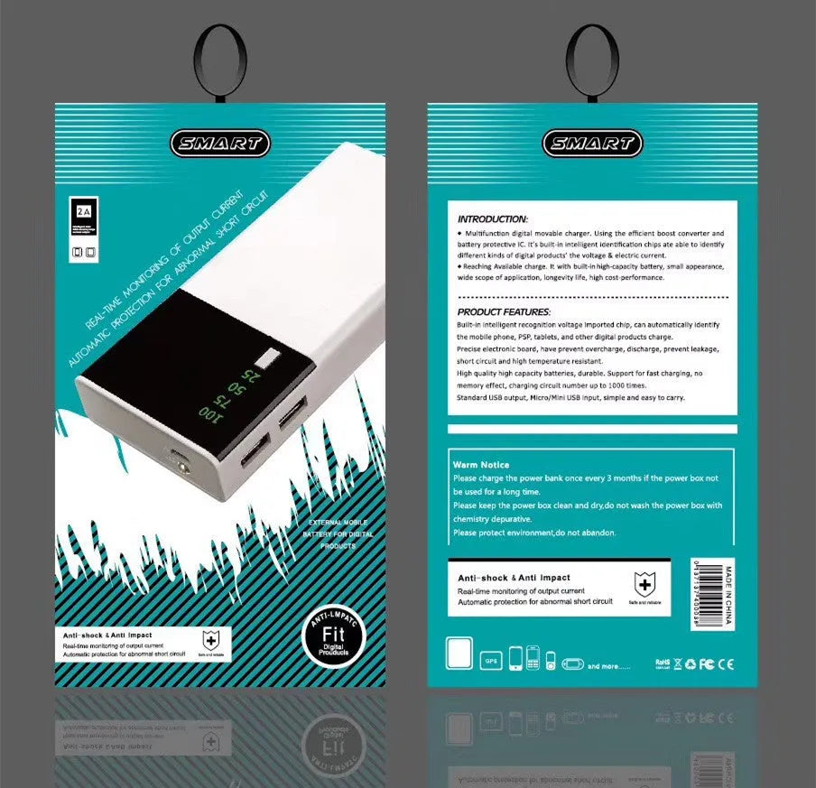 Black Rice brand 20000mAh portable power bank with charging cable.