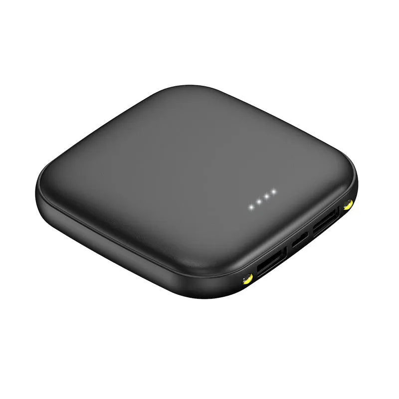 Mini power bank measuring 82x82x27mm with LED flashlight and 20000mAh capacity