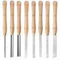 Eight chrome vanadium steel wood turning tools stored in a wooden presentation box.