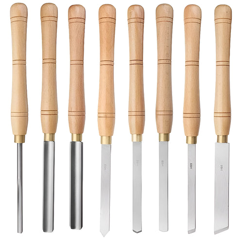 Eight chrome vanadium steel wood turning tools stored in a wooden presentation box.