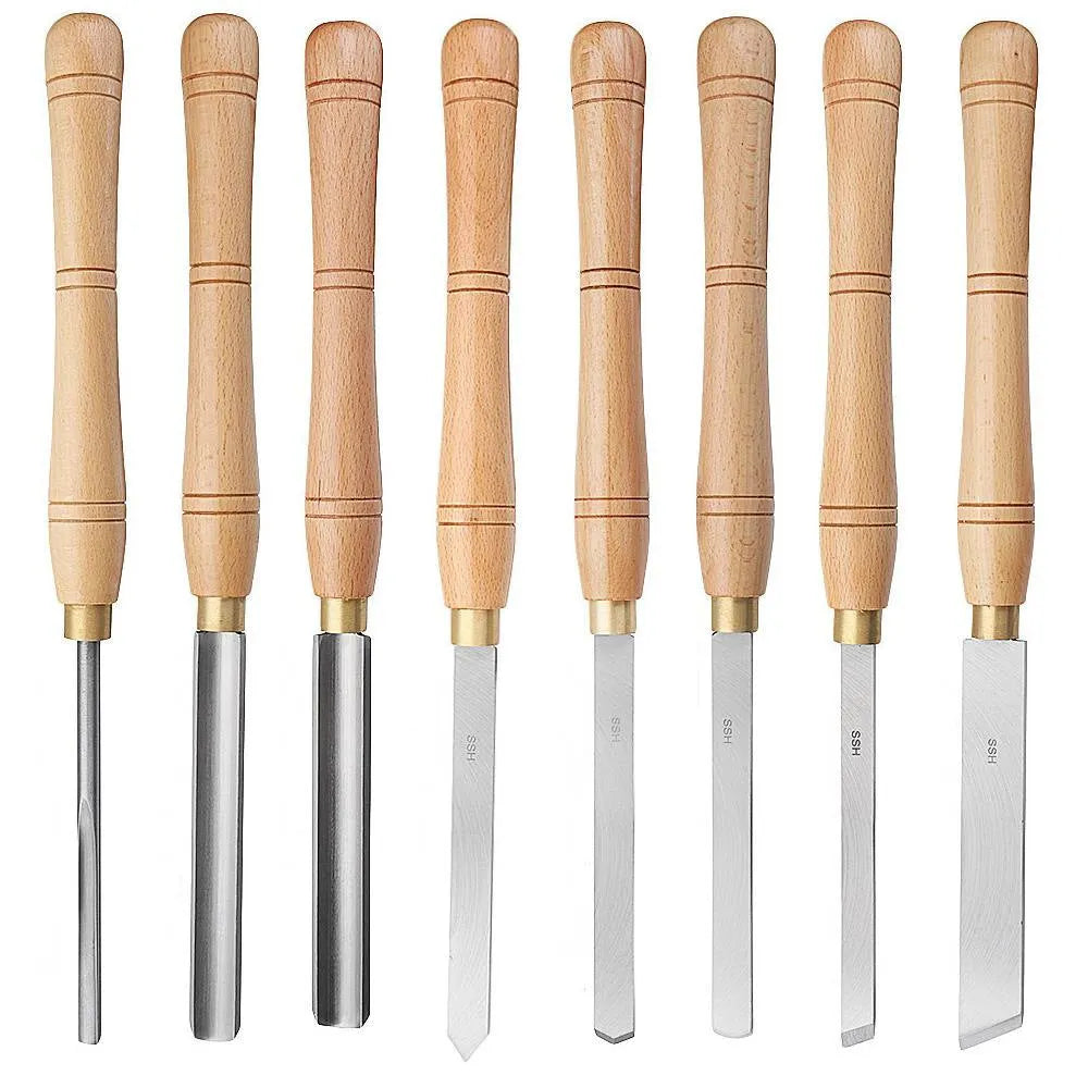 Eight chrome vanadium steel wood turning tools stored in a wooden presentation box.