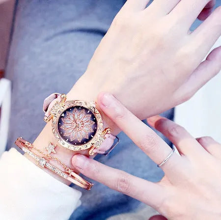 Round 32mm diamond dial ladies watch on wrist, showing pin buckle and available in multiple colours.