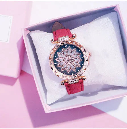 Round 32mm diamond dial ladies watch on wrist, showing pin buckle and available in multiple colours.