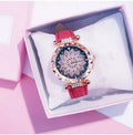 Round 32mm diamond dial ladies watch on wrist, showing pin buckle and available in multiple colours.
