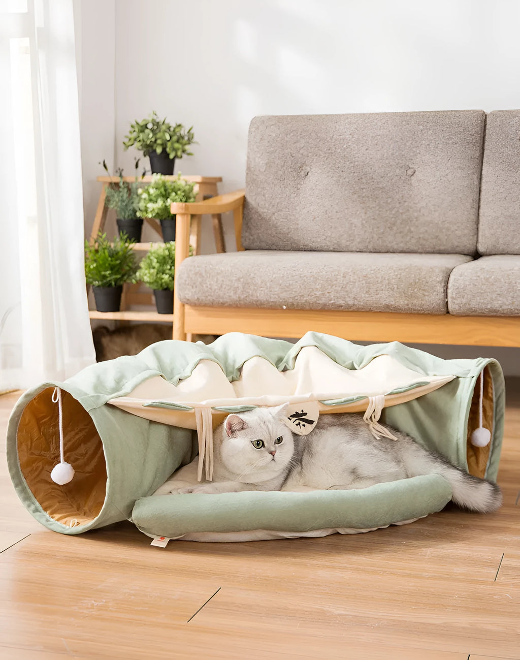 Collapsible fabric cat tunnel toy in bar, coffee, matcha, or pink colours, showing 45cm dimensions