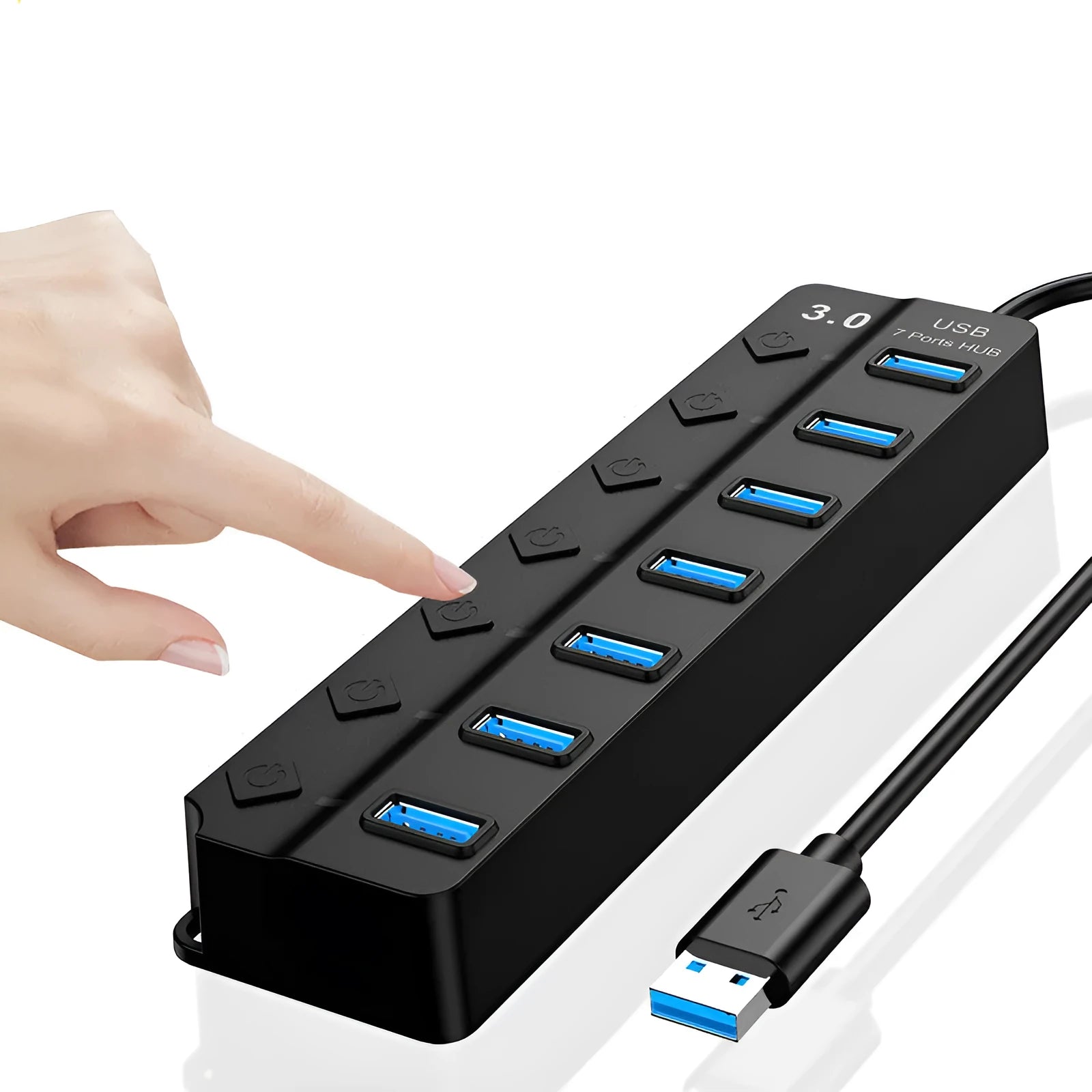 Black 7-port USB 3.0 hub with external power adapter on a desk