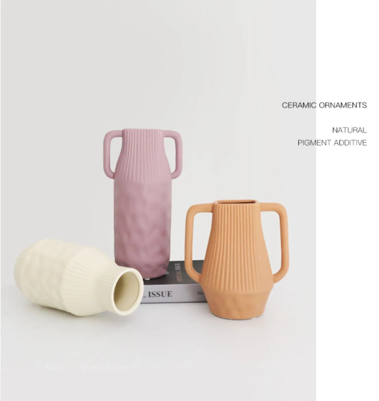 Nordic style hammered ceramic vase in Morandi beige on a wooden shelf.