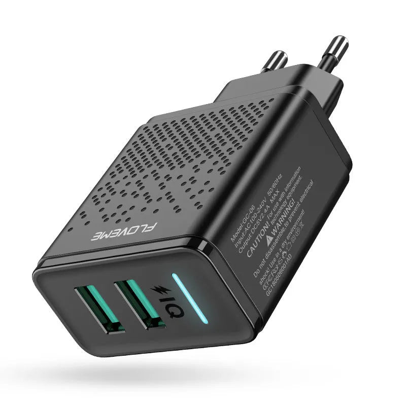 Black dual port USB charger with EU plug for UK wall sockets