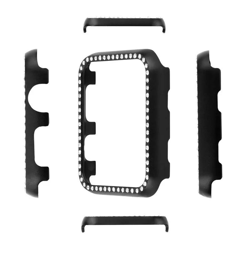 Silver metal diamond protective case compatible with Apple Watch showing electroplated finish and precise cutouts