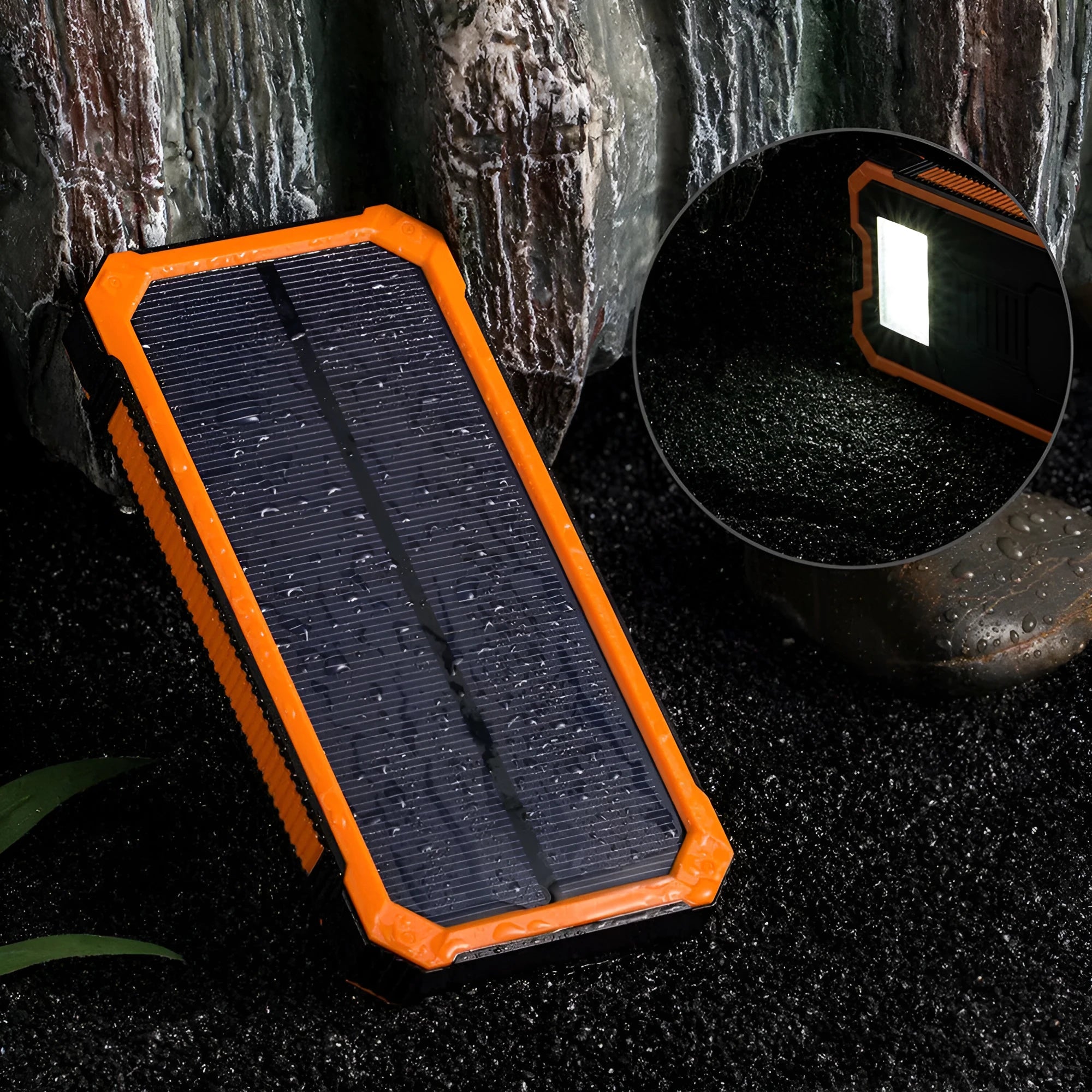 Solar power bank in orange colour showing solar panel and multiple USB ports