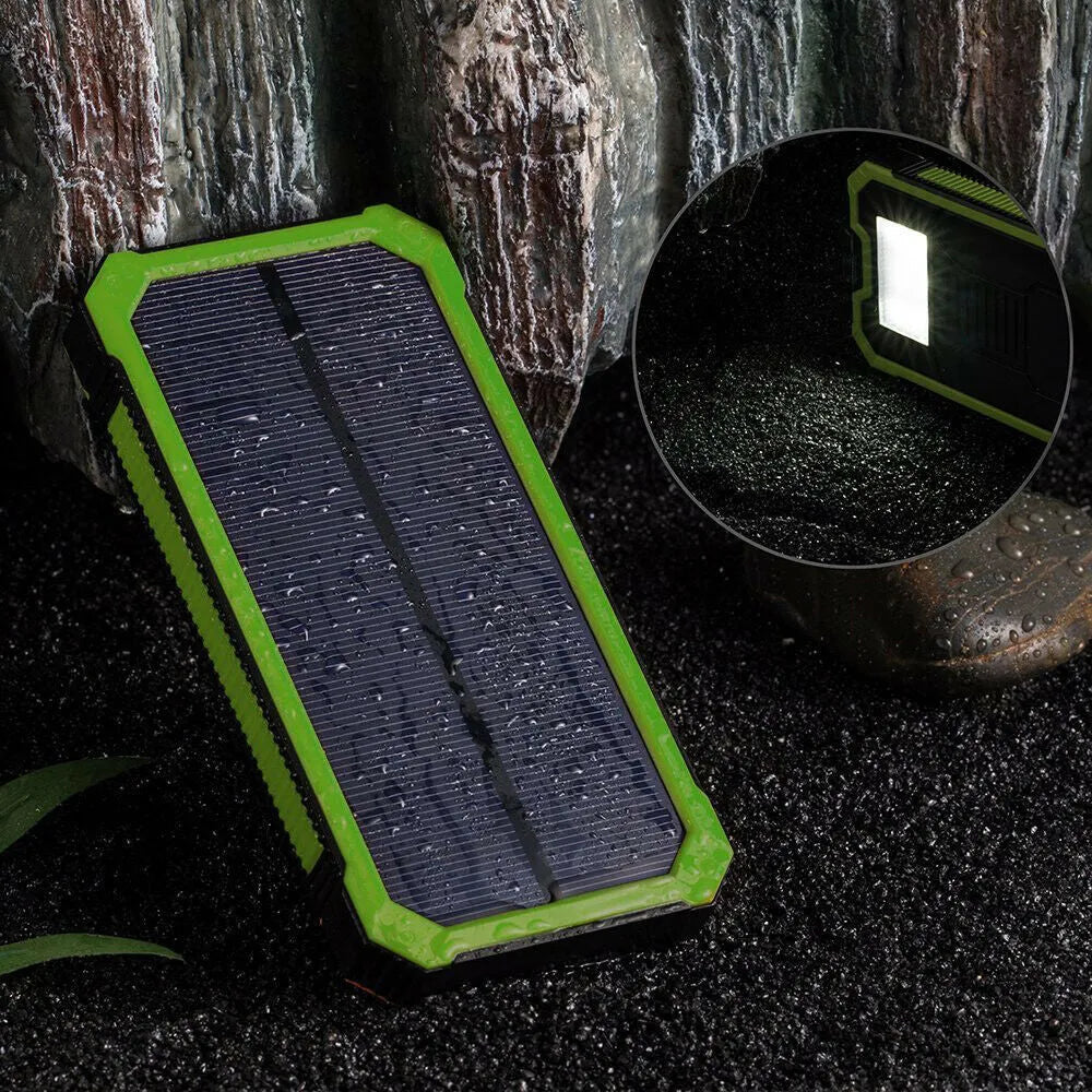 Solar power bank in orange colour showing solar panel and multiple USB ports