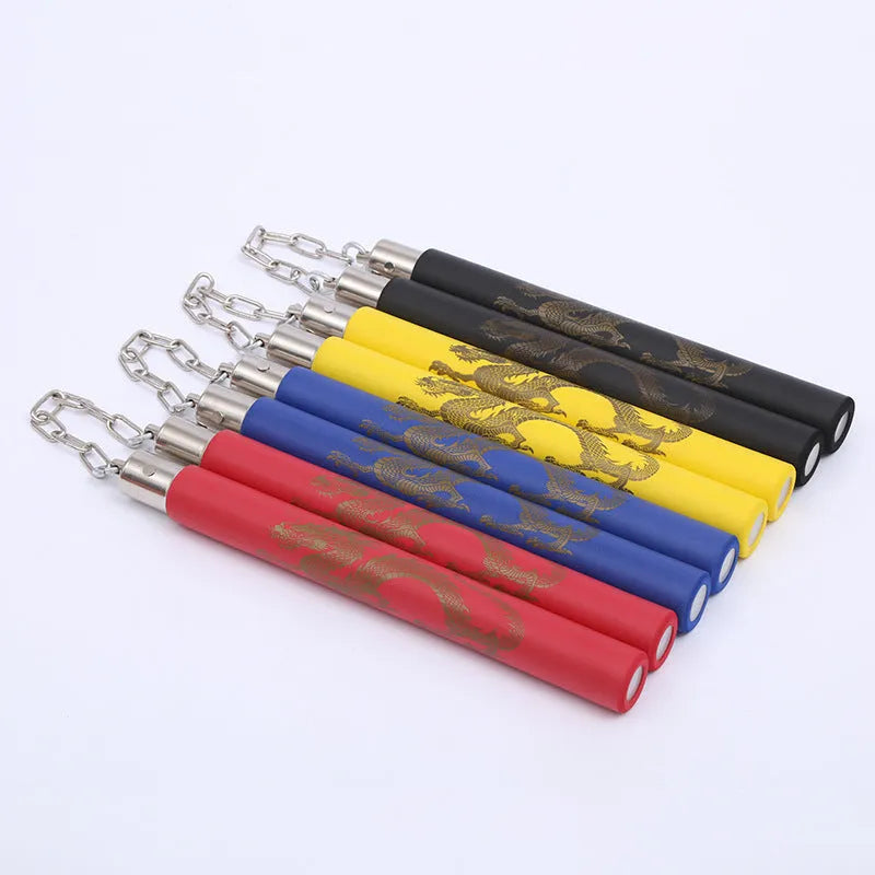 Red sponge nunchakus showing EVA foam wrapped sticks connected by iron chain