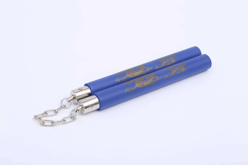 Red sponge nunchakus showing EVA foam wrapped sticks connected by iron chain