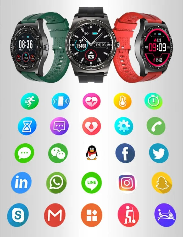 Full circle touch screen smart watch with heart rate and blood pressure monitoring in black, green or red