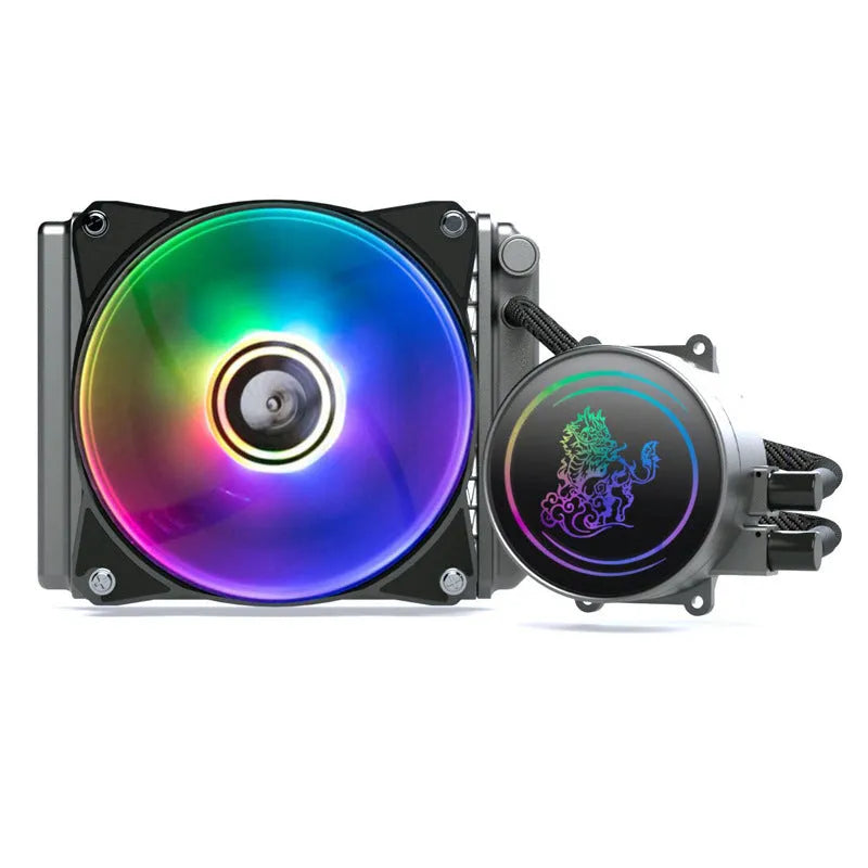 Kirin 240 CPU water-cooled radiator with ARGB fan showing colourful lighting effects