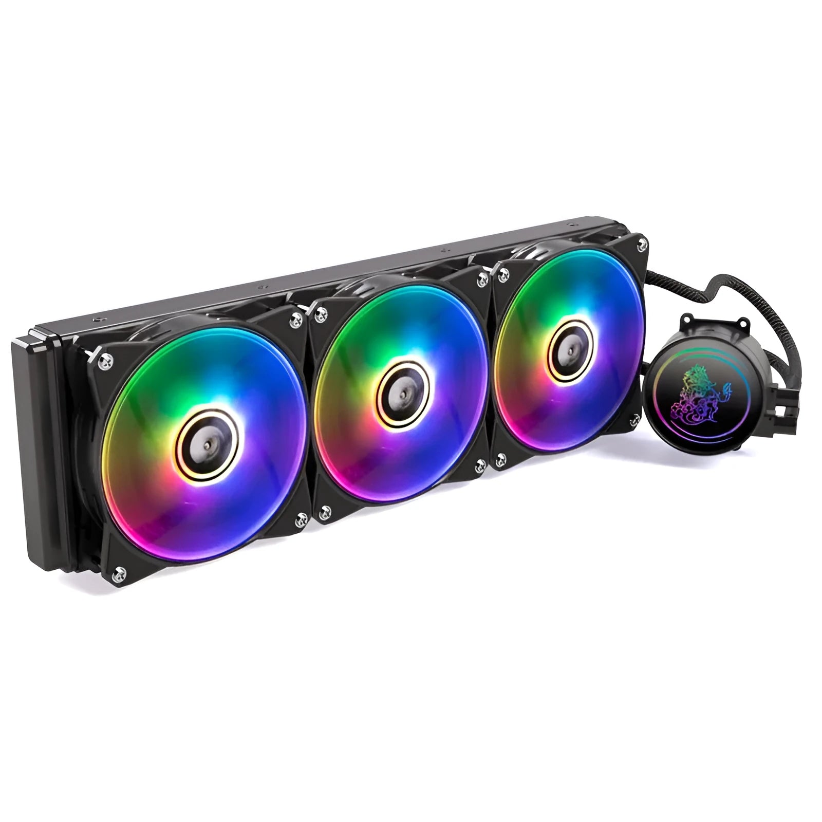 Kirin 240 CPU water-cooled radiator with ARGB fan showing colourful lighting effects