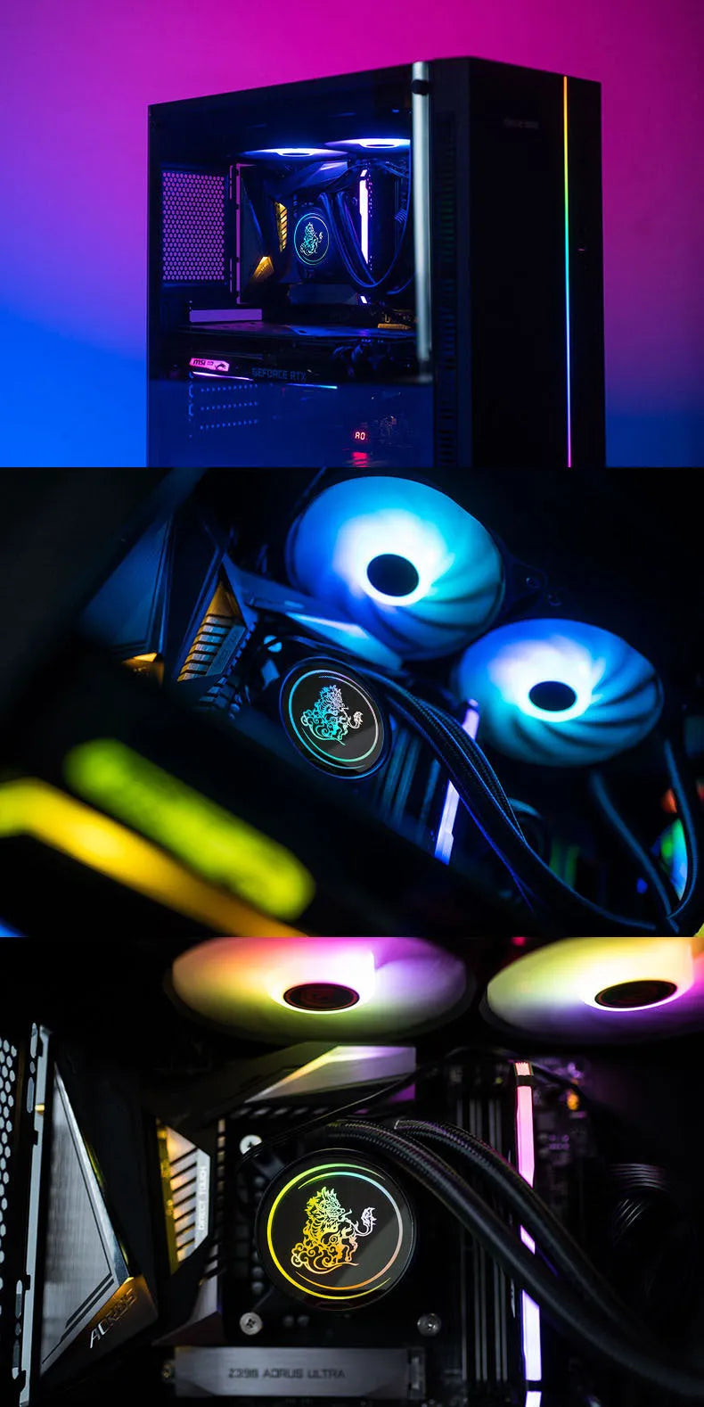 Kirin 240 CPU water-cooled radiator with ARGB fan showing colourful lighting effects
