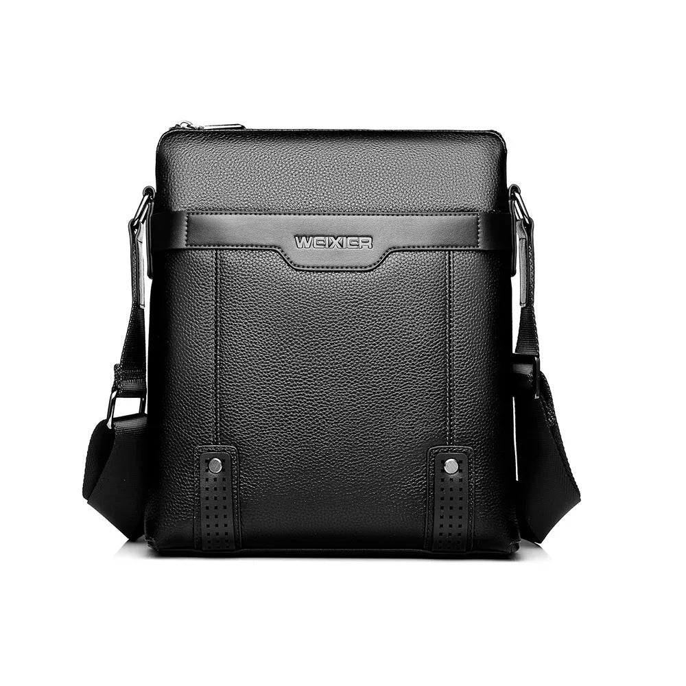 Medium black PU leather men's shoulder bag with single strap and zipper closure