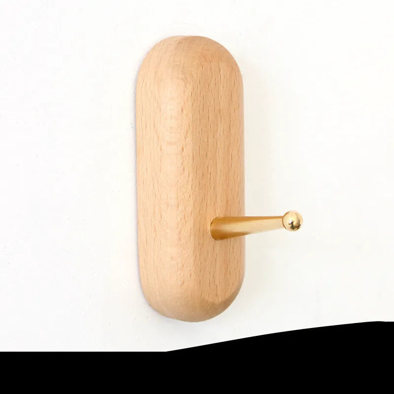 Natural beech wood adhesive wall hook with brass fitting in five minimalist shapes