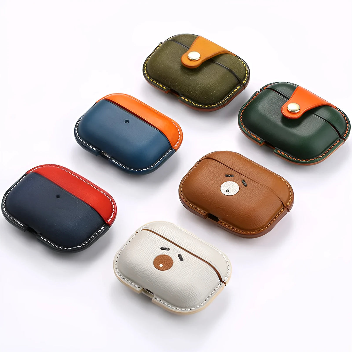 Leather earphone case for AirPods Pro, 120mm x 22mm x 2.2mm, in White, Brown, Blue Orange, Green Orange or Orange Blue