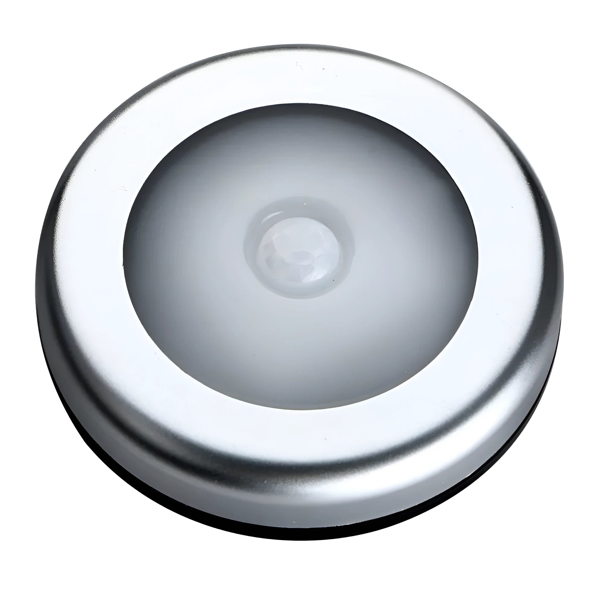 Silver circular motion sensor night light with 80mm diameter on table