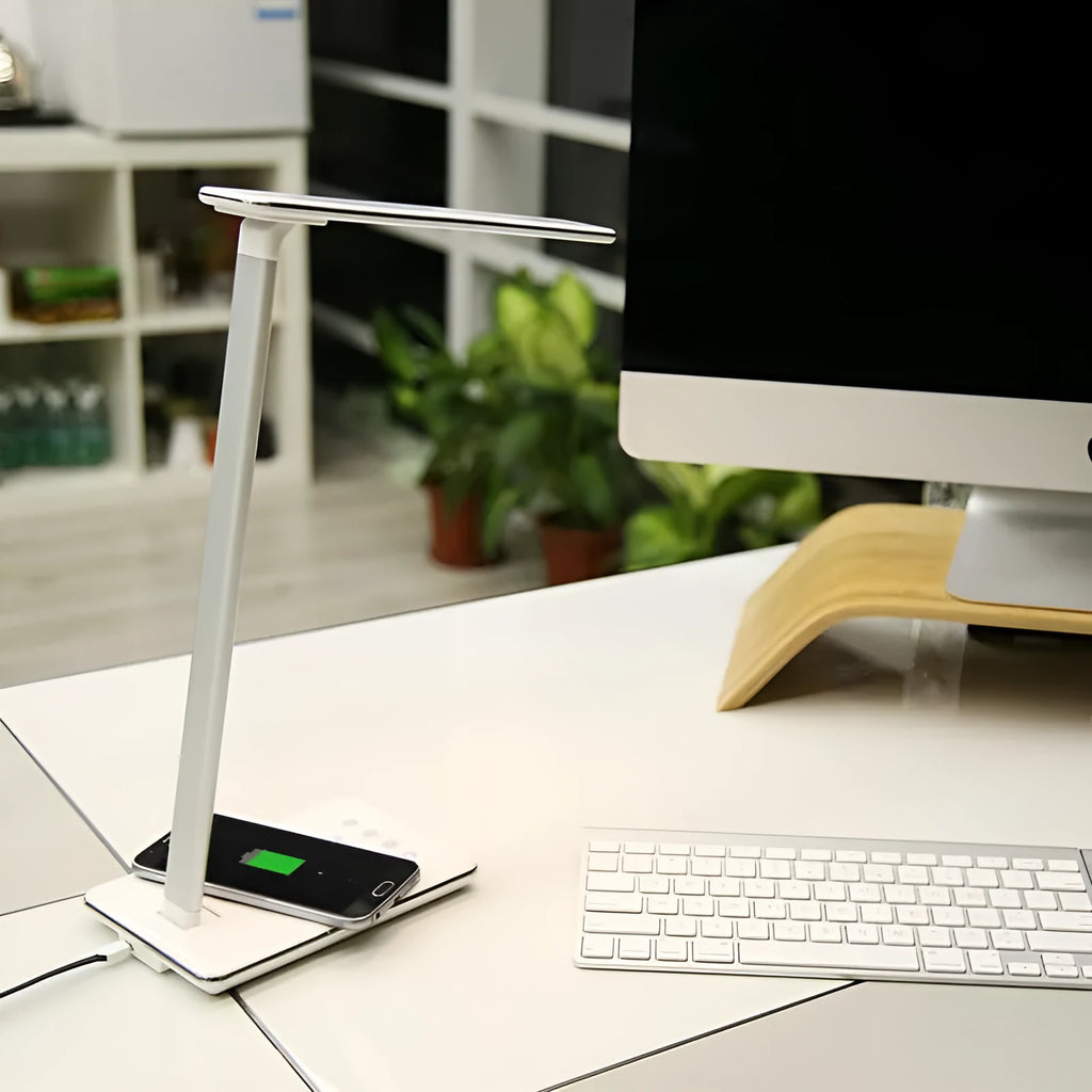 Black and white wireless charging desk lamp with USB power port and touch control