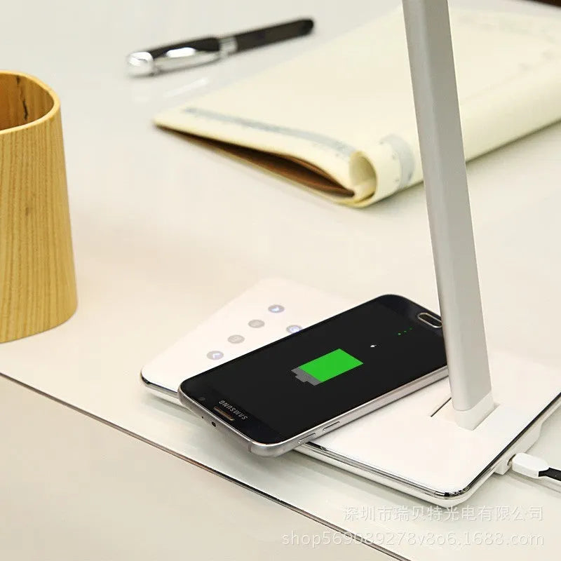 Black and white wireless charging desk lamp with USB power port and touch control