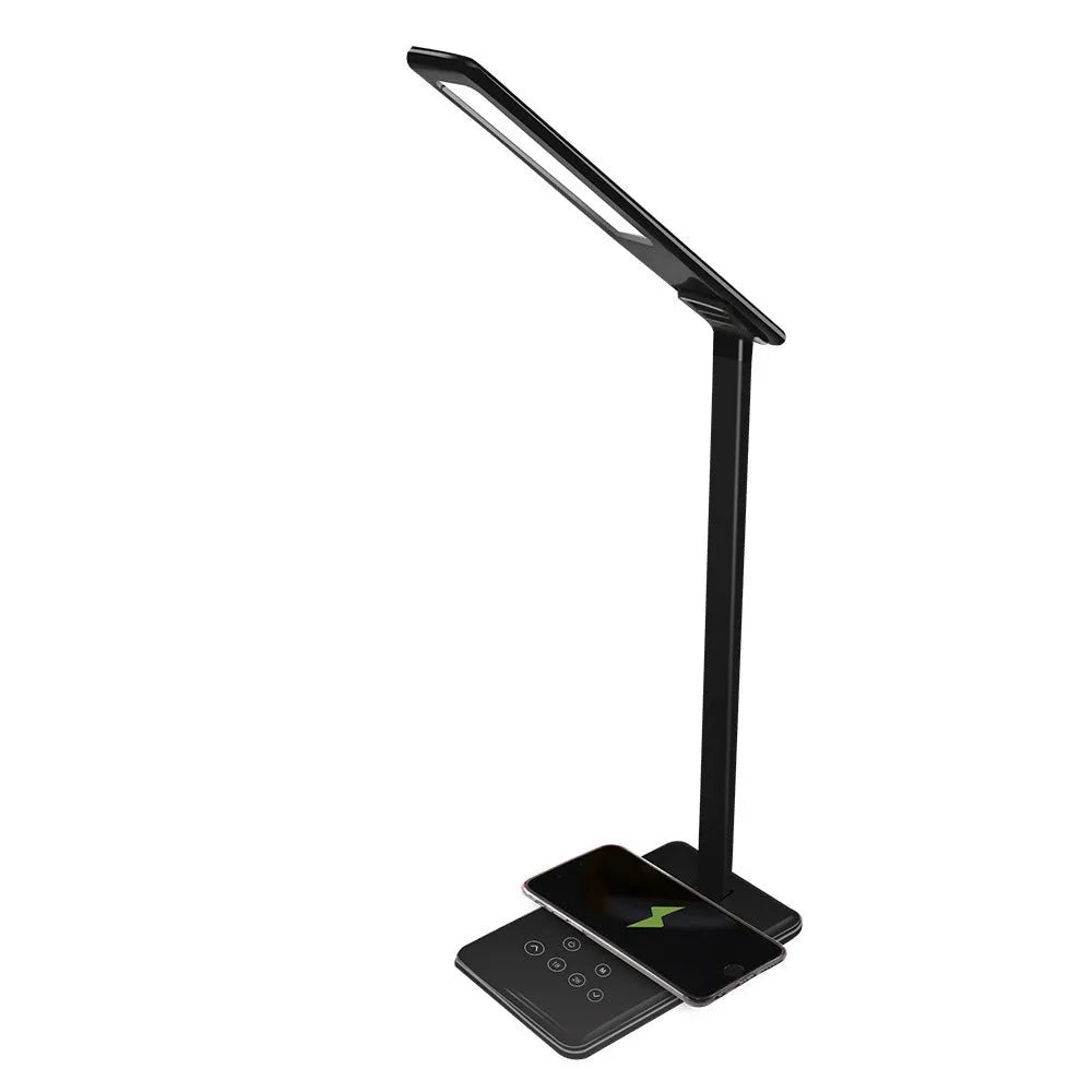 Black and white wireless charging desk lamp with USB power port and touch control