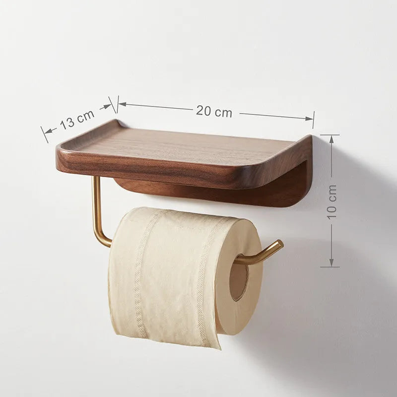 Solid walnut wood wall-mounted paper towel and toilet roll holder with brass fittings