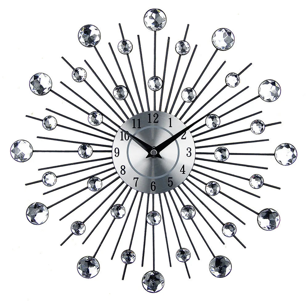 Large silver round metal wall clock with European style design showing 33cm diameter