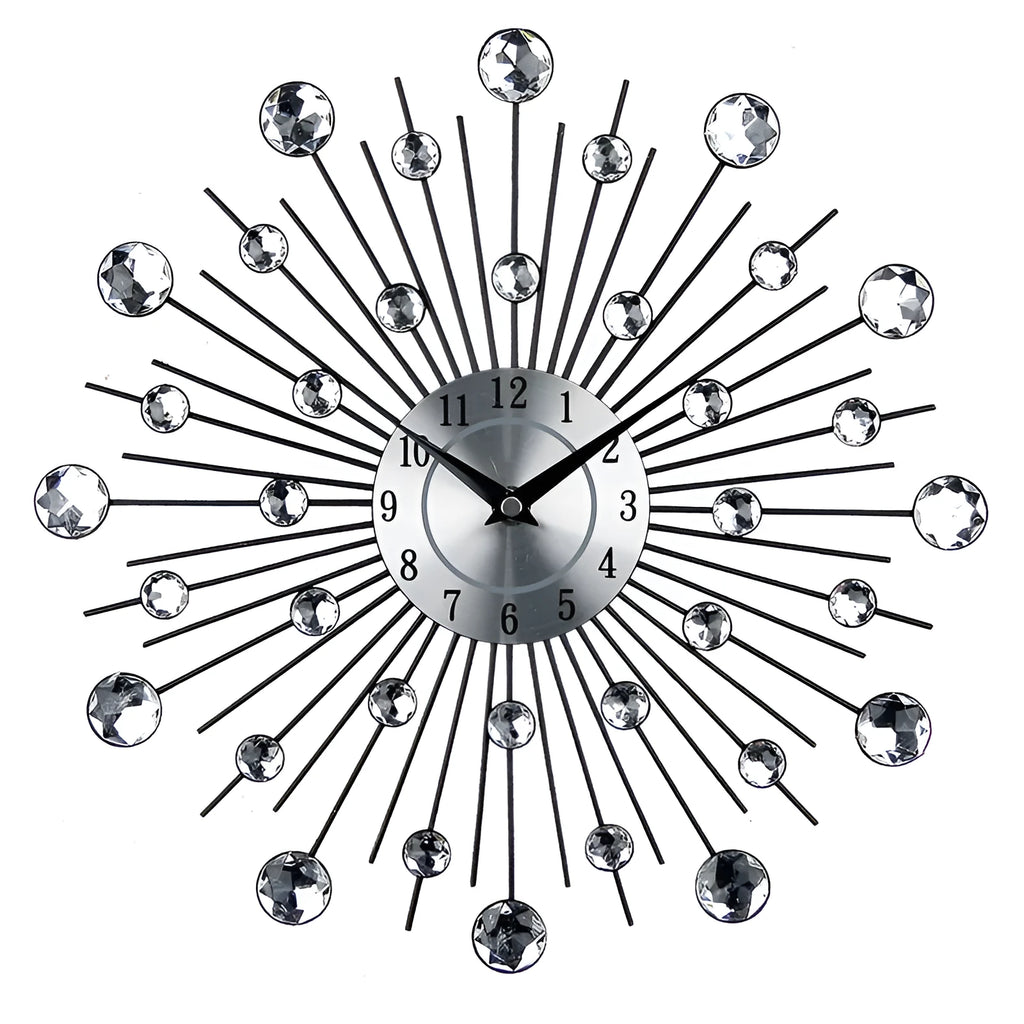 Large silver round metal wall clock with European style design showing 33cm diameter