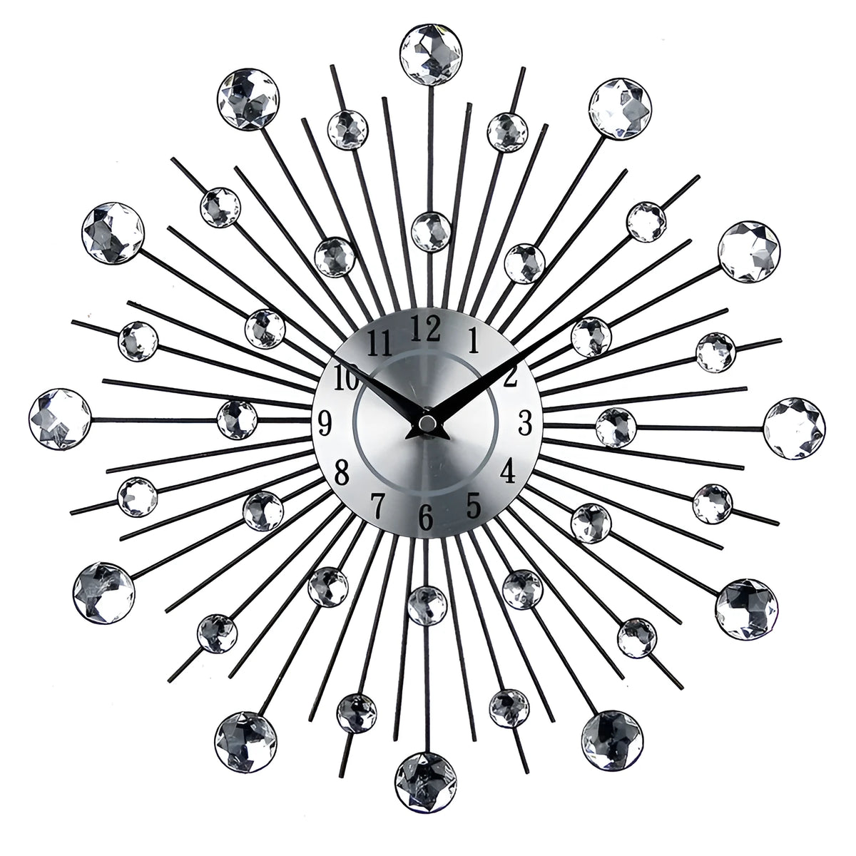 Large silver round metal wall clock with European style design showing 33cm diameter