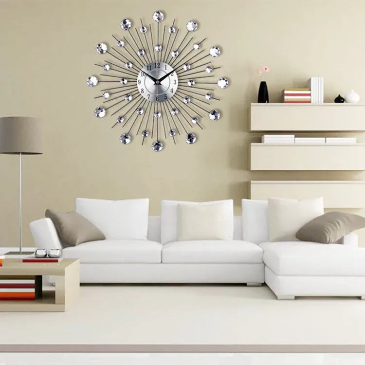 Large silver round metal wall clock with European style design showing 33cm diameter