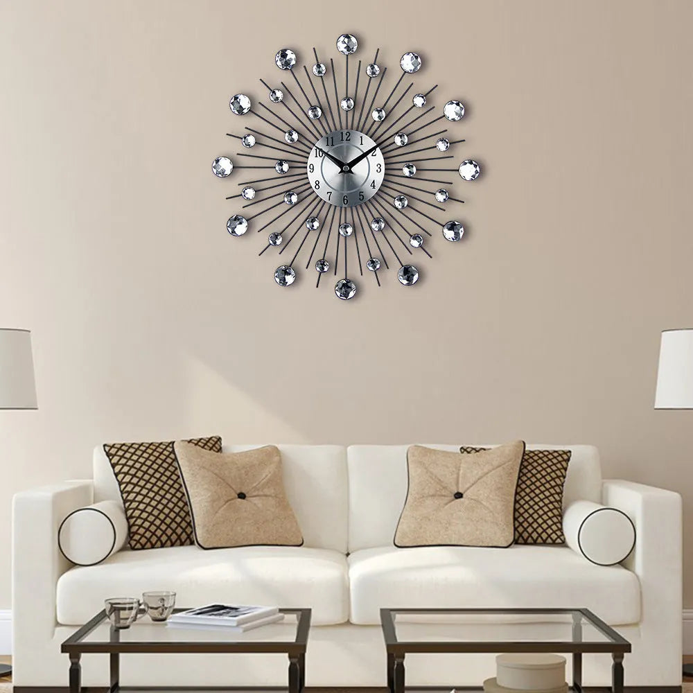 Large silver round metal wall clock with European style design showing 33cm diameter