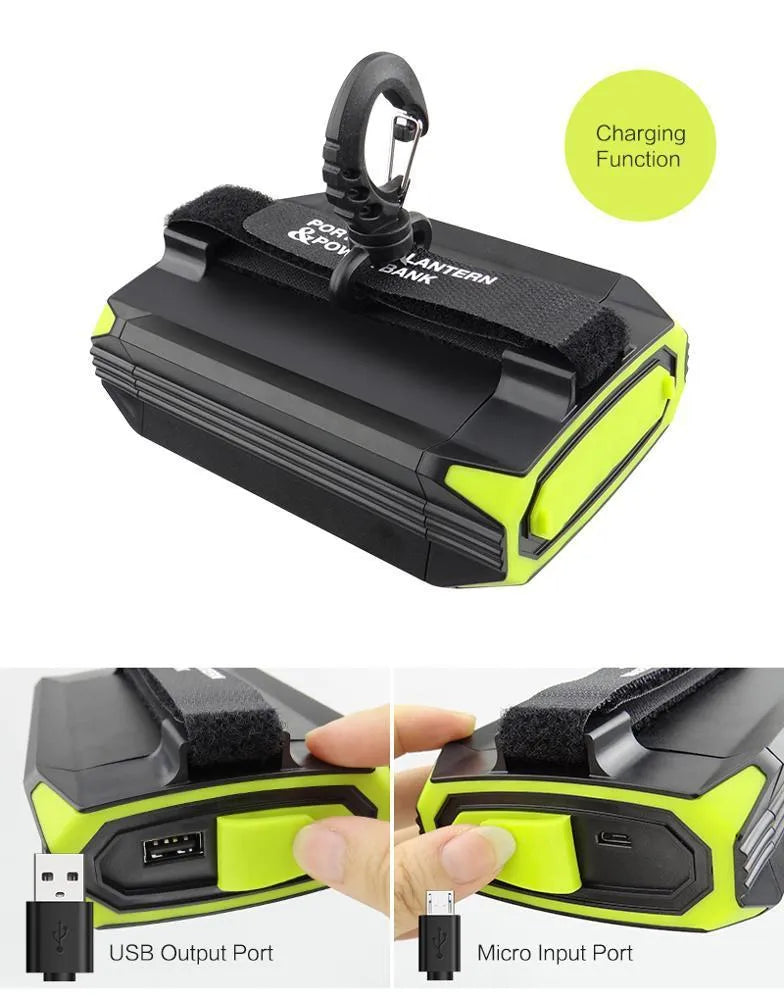 Green aluminium alloy camping light with LED array and push button dimming control