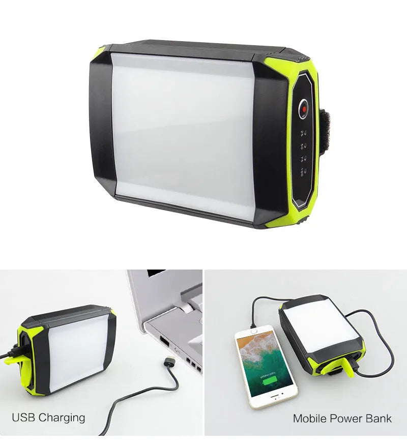 Green aluminium alloy camping light with LED array and push button dimming control