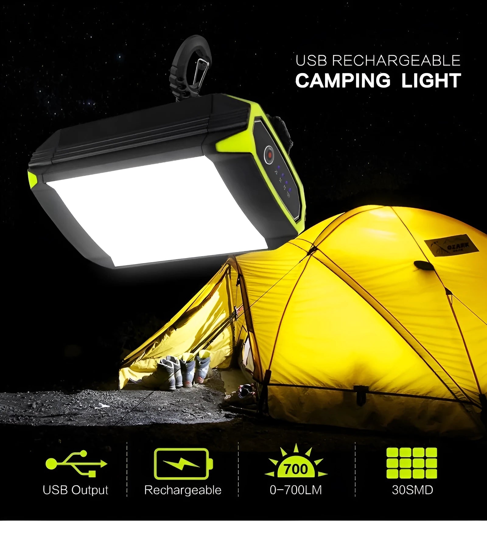 Green aluminium alloy camping light with LED array and push button dimming control