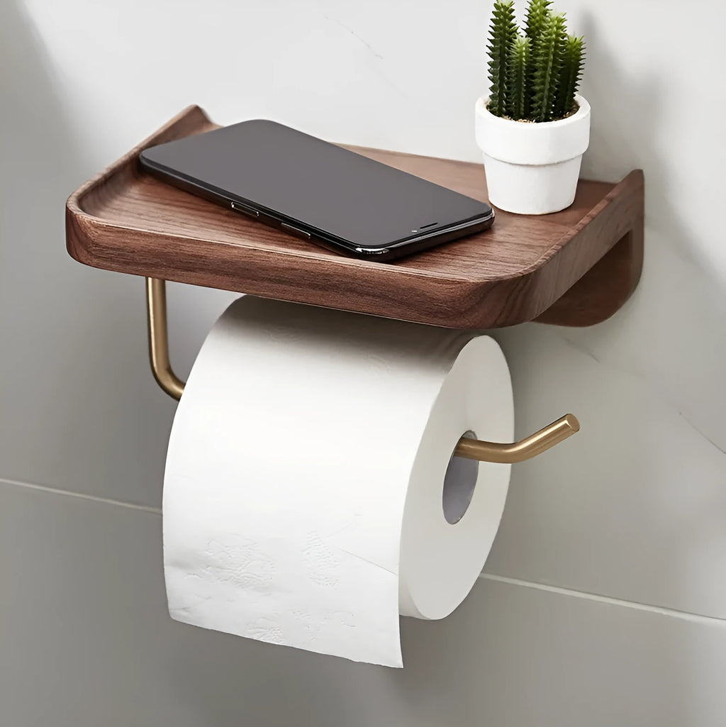 Solid walnut wood wall-mounted paper towel and toilet roll holder with brass fittings