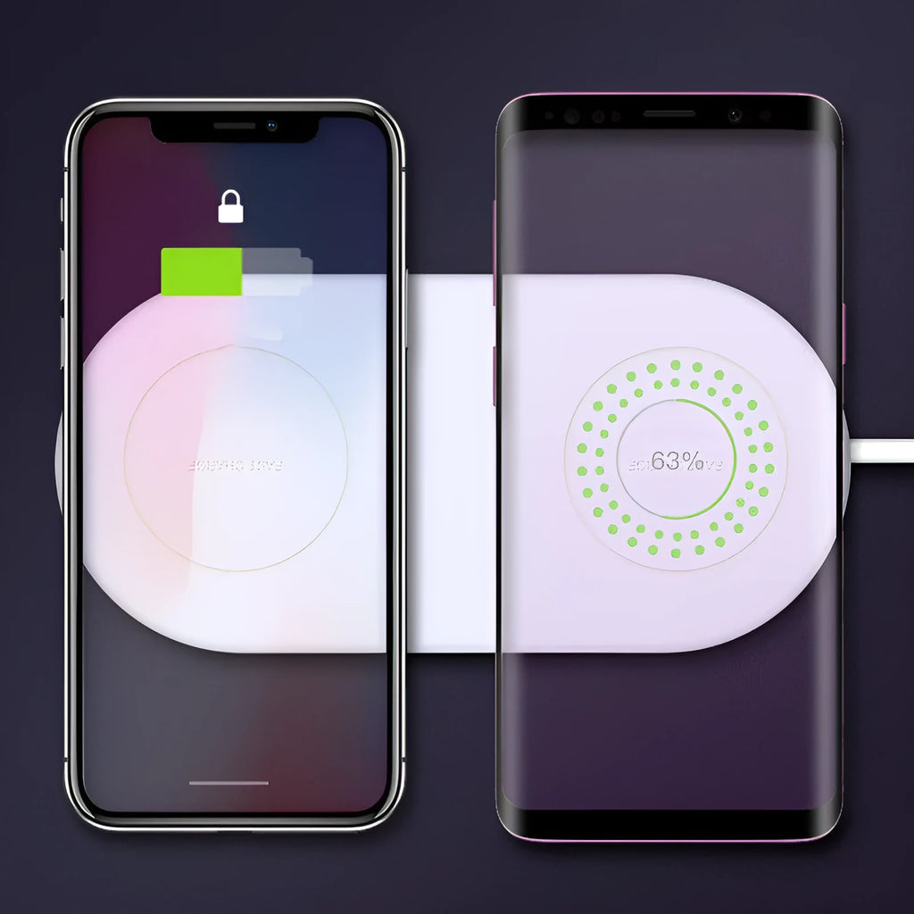 White dual-pad wireless charging station for two mobile phones