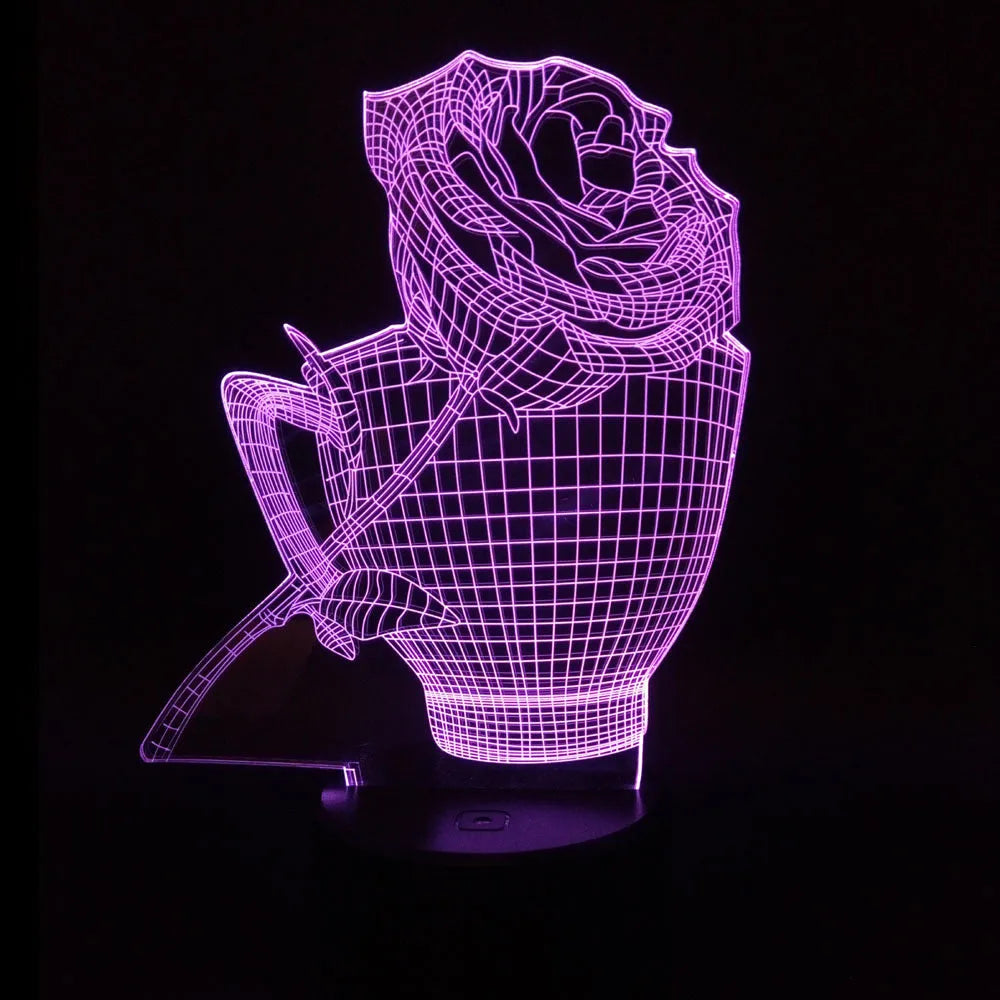 3D rose flower night light with acrylic design and ABS base showing colour changing options