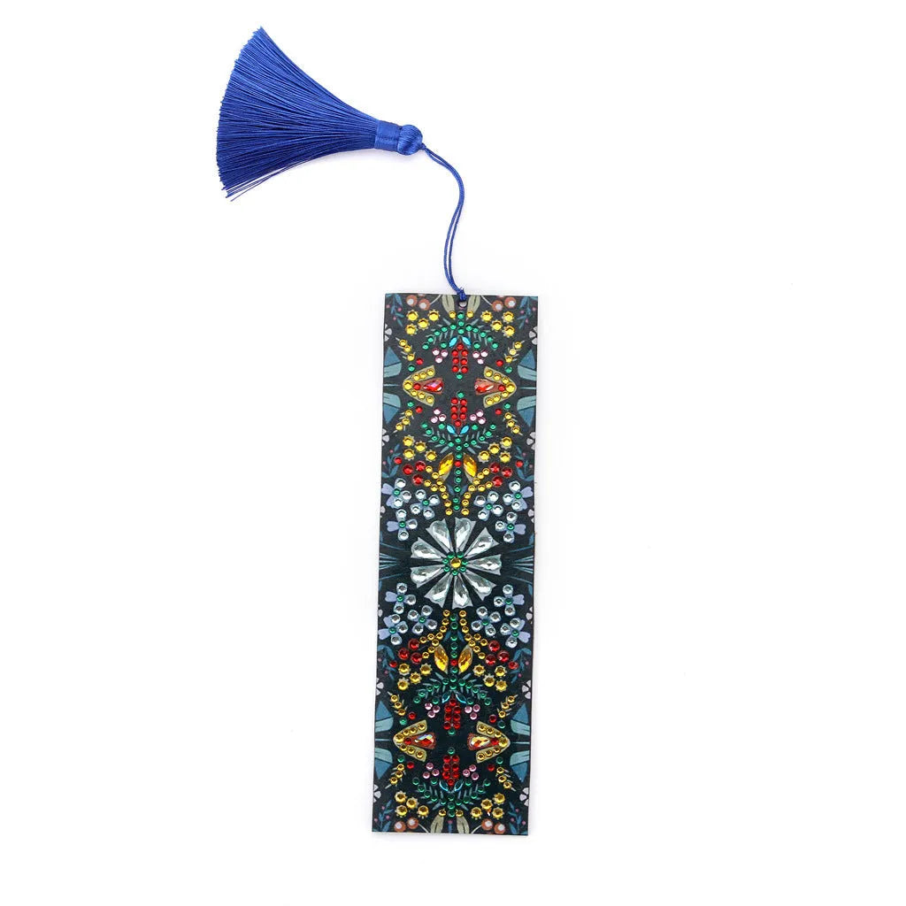 Diamond painting bookmark with leather backing showing intricate mandala flower patterns created with special-shaped diamond embroidery