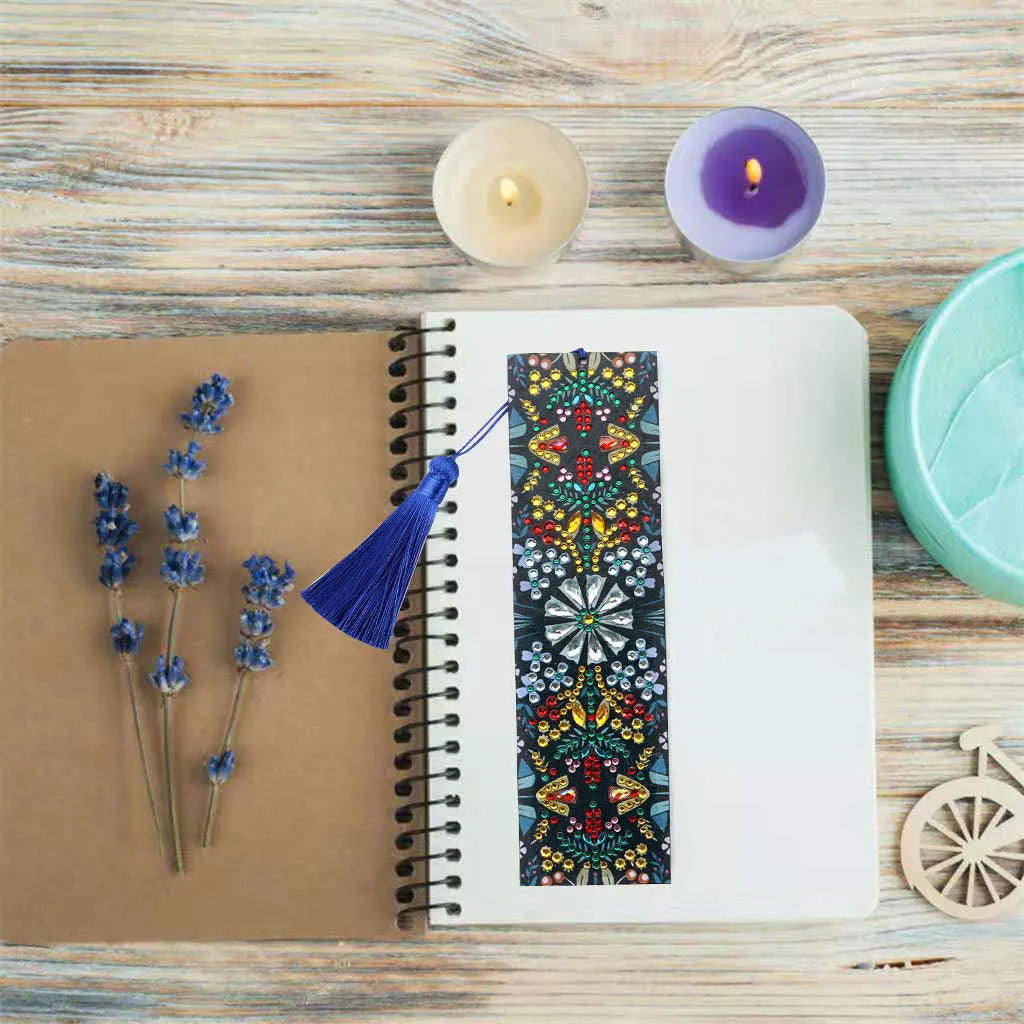 Diamond painting bookmark with leather backing showing intricate mandala flower patterns created with special-shaped diamond embroidery
