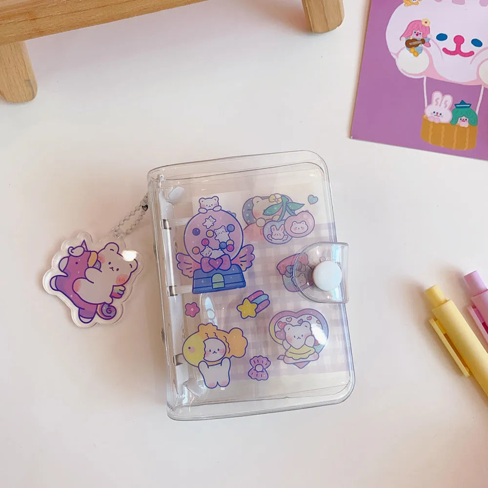 Hand ledger loose leaf refill with four cute girl heart designs: love bear, candy bear, star bunny, rainbow castle.