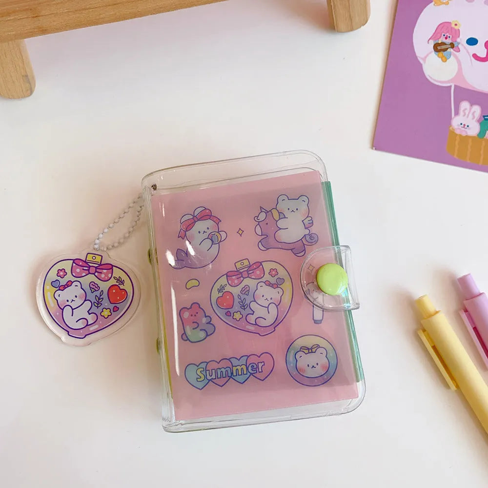 Hand ledger loose leaf refill with four cute girl heart designs: love bear, candy bear, star bunny, rainbow castle.