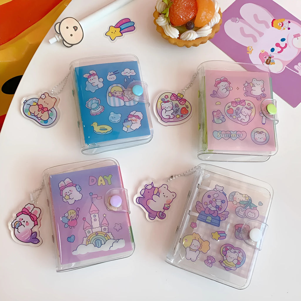 Hand ledger loose leaf refill with four cute girl heart designs: love bear, candy bear, star bunny, rainbow castle.