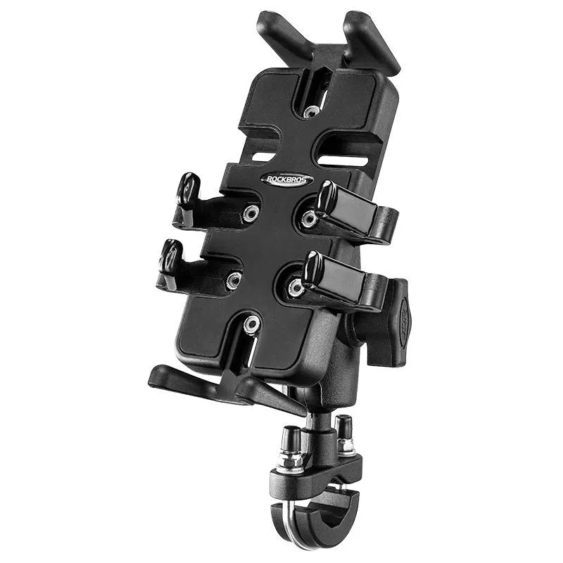 Black nylon U-shaped handlebar mount holding a mobile phone on a motorcycle.