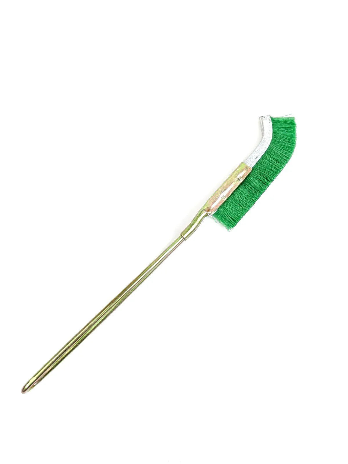 Green nylon wire brush with angled head and metal handle for rust removal.